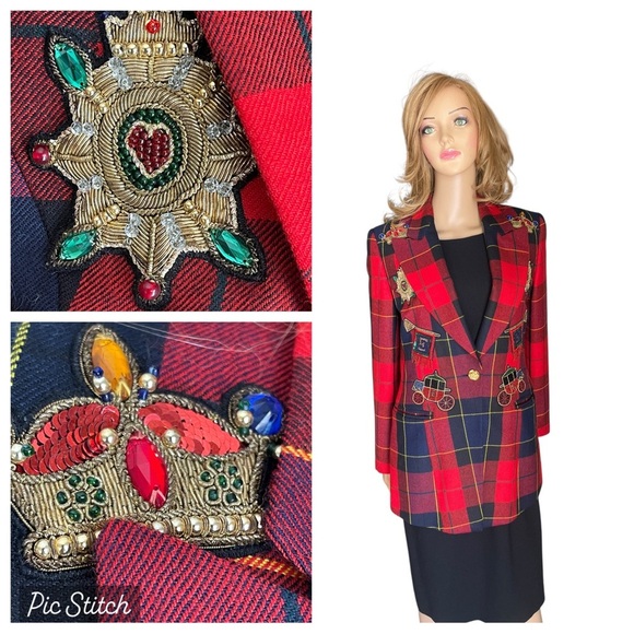 ESCADA COUTURE jacket with embellishment front Wool Plaid Print Blazer size 36(6 - Picture 1 of 16